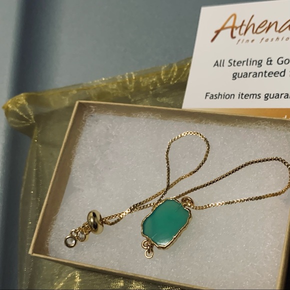 Green Onxy Semi Precious Stone 14k gold plated chain bracelet - Picture 3 of 5